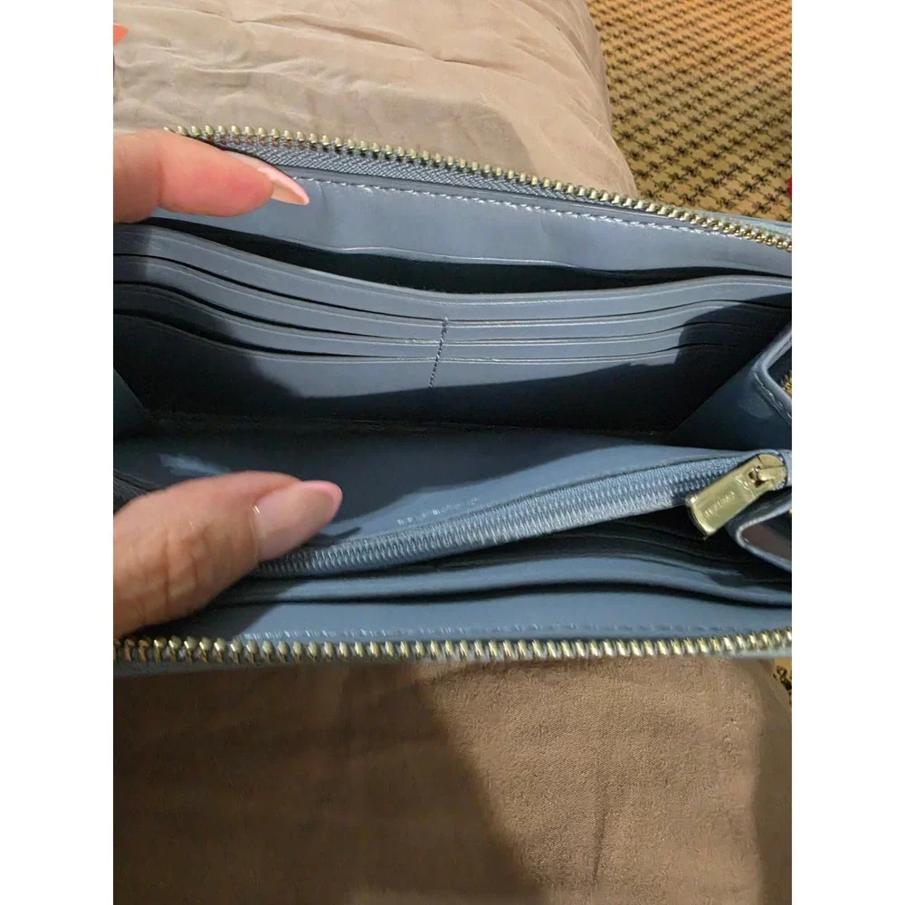 Coach Signature Canvas Accordion Zip Wallet Khaki Light Blue Leather Trim
